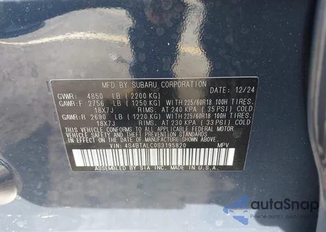 2025 Subaru Outback Onyx Edition z USA, uszkodzony, nr VIN 4S4BTALC0S3195820